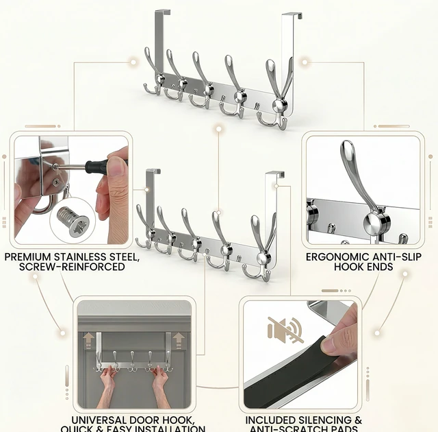 Alt view image 4 of 7 - Over The Door Hooks,Coat Rack for Hanging Clothes Hat Towel (Heavy Duty Silver 2pcs)