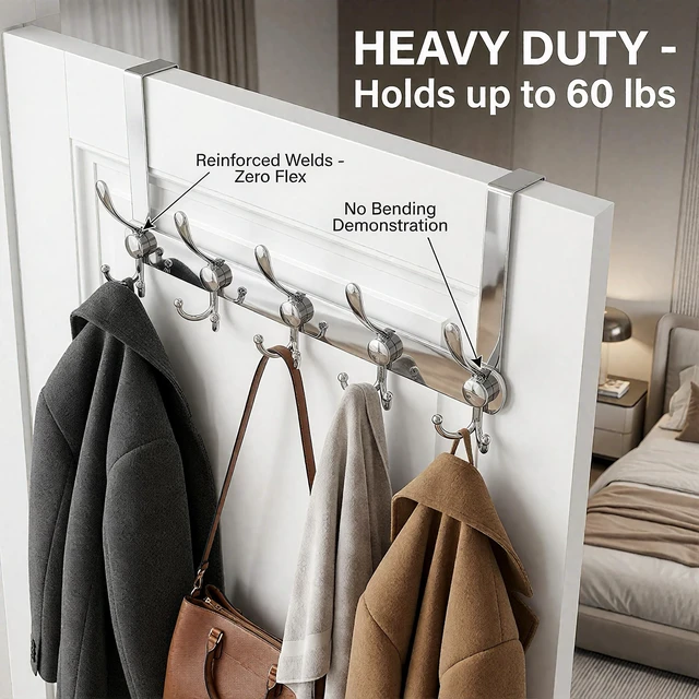 Alt view image 6 of 7 - Over The Door Hooks,Coat Rack for Hanging Clothes Hat Towel (Heavy Duty Silver 2pcs)