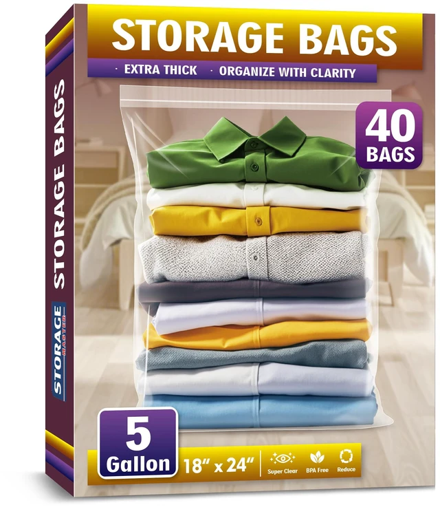 Main image of Extra Large 5 Gallon Zippered Plastic Bags for - 18'' x 24'', Ideal for Clothes Clothing, Travel, Moving, 2-mil Thick Clear Plastic, 40 pack