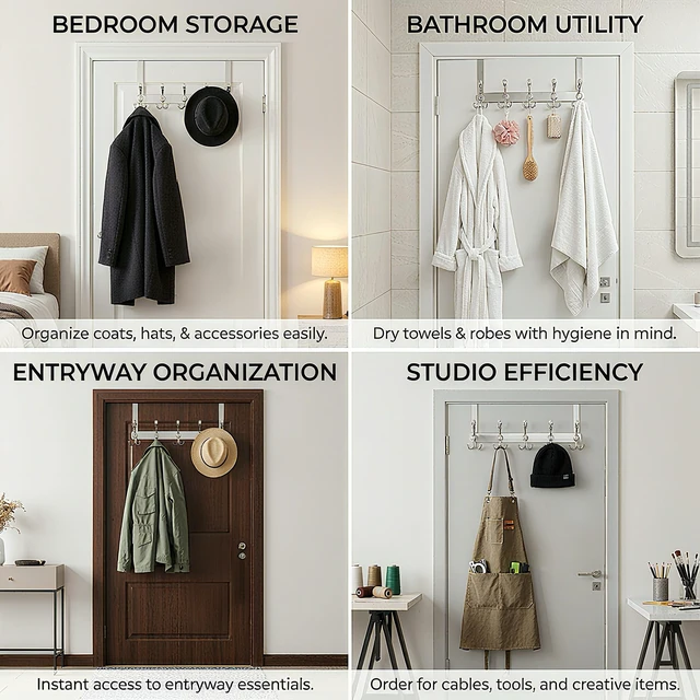 Alt view image 7 of 7 - Over The Door Hooks,Coat Rack for Hanging Clothes Hat Towel (Heavy Duty Silver 2pcs)