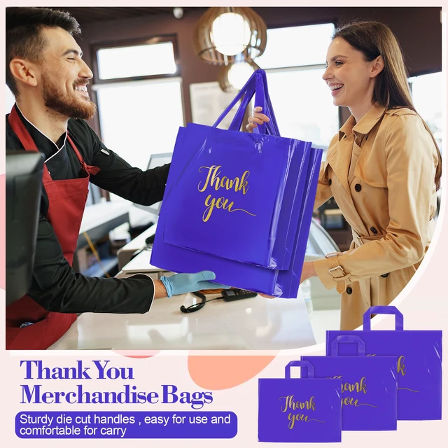 Alt view image 5 of 6 - 200 Pcs Thank You Shopping Bags with Handle,Purple Plastic Retail Packets for Small Business, Boutique Shops, 3 Sizes 9x12 12x15 15x18 in, Merchandise Packaging with Handles