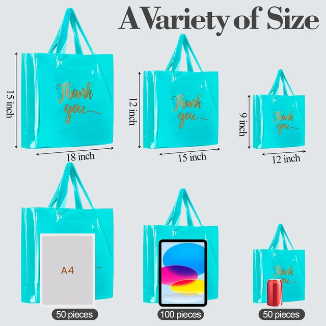 Alt view image 3 of 6 - 200 Pcs Thank You Shopping Bags with Handle,Sky Blue Plastic Retail Packets for Small Business, Boutique Shops, 3 Sizes 9x12 12x15 15x18 in, Merchandise Packaging with Handles