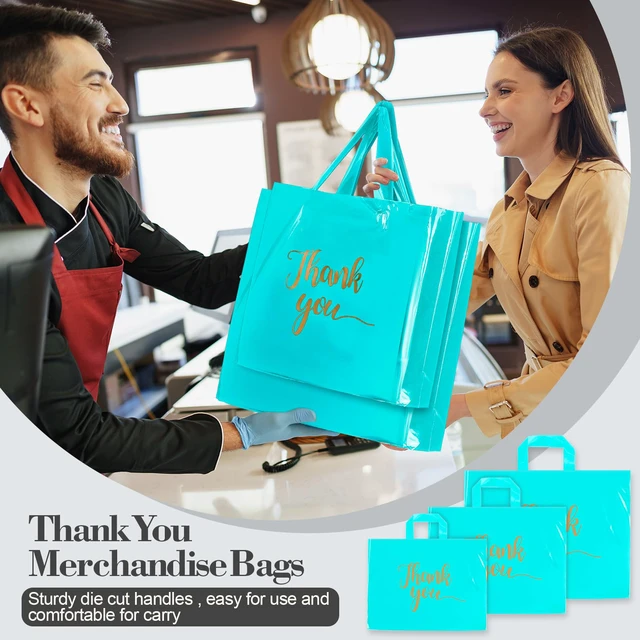 Alt view image 4 of 6 - 200 Pcs Thank You Shopping Bags with Handle,Sky Blue Plastic Retail Packets for Small Business, Boutique Shops, 3 Sizes 9x12 12x15 15x18 in, Merchandise Packaging with Handles