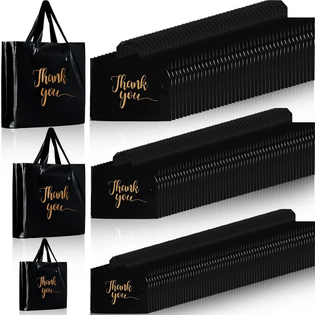 Main image of 200 Pcs Thank You Shopping Bags with Handle,Black Plastic Retail Packets for Small Business, Boutique Shops, 3 Sizes 9x12 12x15 15x18 in, Merchandise Packaging with Handles