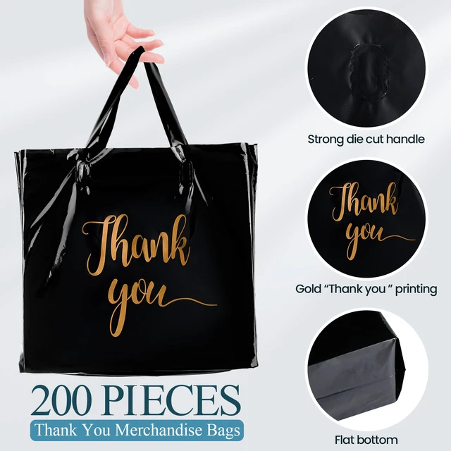 Alt view image 2 of 7 - 200 Pcs Thank You Shopping Bags with Handle,Black Plastic Retail Packets for Small Business, Boutique Shops, 3 Sizes 9x12 12x15 15x18 in, Merchandise Packaging with Handles