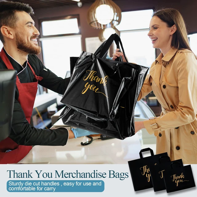Alt view image 4 of 7 - 200 Pcs Thank You Shopping Bags with Handle,Black Plastic Retail Packets for Small Business, Boutique Shops, 3 Sizes 9x12 12x15 15x18 in, Merchandise Packaging with Handles