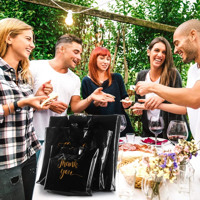 Alt view image 5 of 7 - 200 Pcs Thank You Shopping Bags with Handle,Black Plastic Retail Packets for Small Business, Boutique Shops, 3 Sizes 9x12 12x15 15x18 in, Merchandise Packaging with Handles