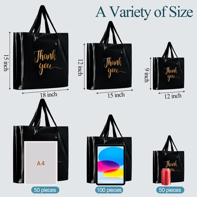 Alt view image 3 of 7 - 200 Pcs Thank You Shopping Bags with Handle,Black Plastic Retail Packets for Small Business, Boutique Shops, 3 Sizes 9x12 12x15 15x18 in, Merchandise Packaging with Handles