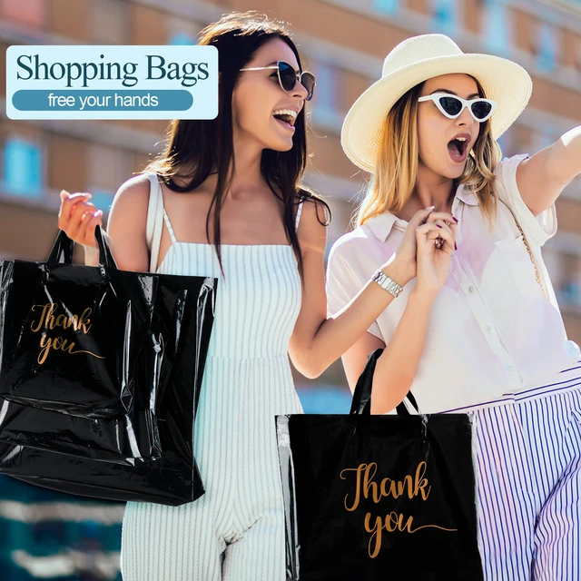 Alt view image 6 of 7 - 200 Pcs Thank You Shopping Bags with Handle,Black Plastic Retail Packets for Small Business, Boutique Shops, 3 Sizes 9x12 12x15 15x18 in, Merchandise Packaging with Handles