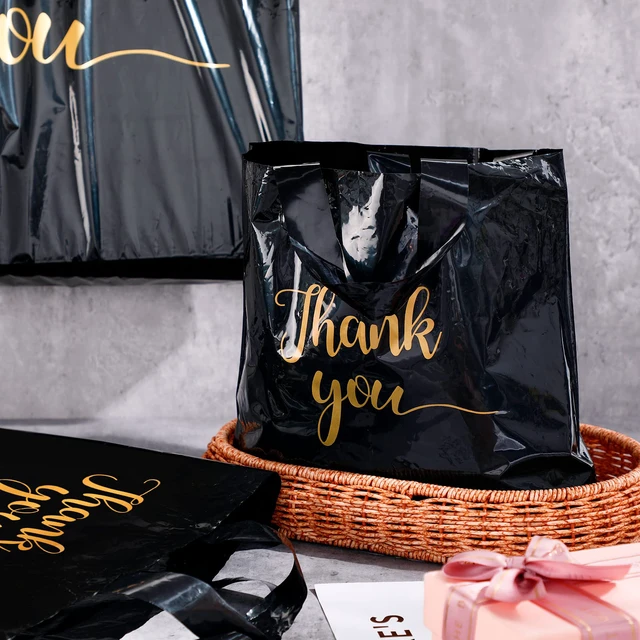 Alt view image 7 of 7 - 200 Pcs Thank You Shopping Bags with Handle,Black Plastic Retail Packets for Small Business, Boutique Shops, 3 Sizes 9x12 12x15 15x18 in, Merchandise Packaging with Handles