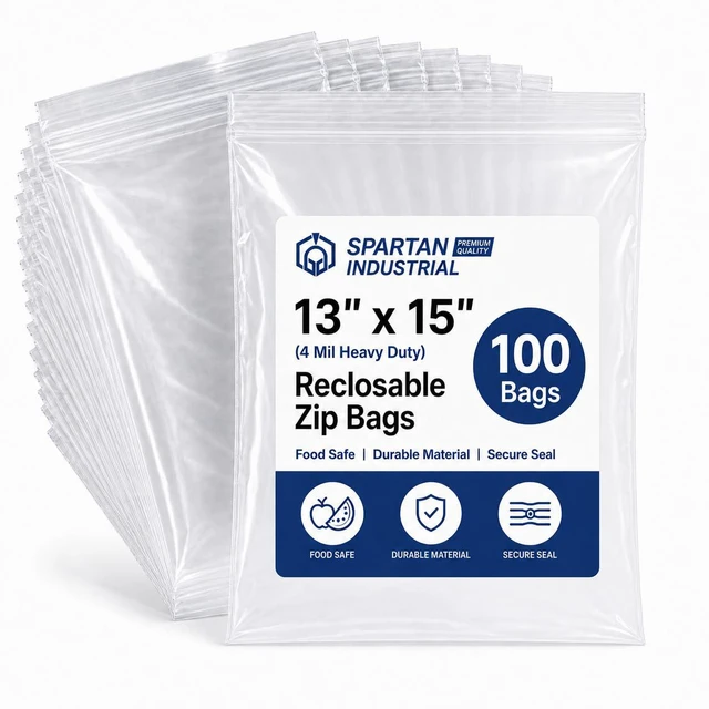 Main image of 13 X 15 (100 Count) 4 Mil Thick Clear Reclosable Zip Plastic Poly Bags with Resealable Lock Seal Zipper - Heavy Duty and Durable