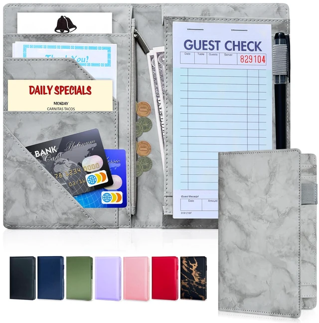 Main image of 5x8 Server Book, 7 Pocket Zipper Organizer, Fits Apron, Marble Grey Reinforced PU Leather, Rigid Writing Surface, Spill-Resistant, Easy Clean, Fits 3.5x6.75 Checks, for Restaurants Cafes Bars