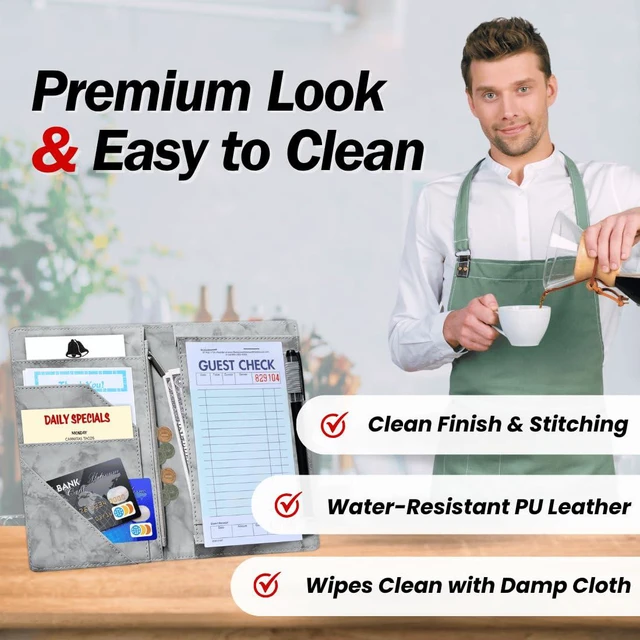 Alt view image 3 of 7 - 5x8 Server Book, 7 Pocket Zipper Organizer, Fits Apron, Marble Grey Reinforced PU Leather, Rigid Writing Surface, Spill-Resistant, Easy Clean, Fits 3.5x6.75 Checks, for Restaurants Cafes Bars