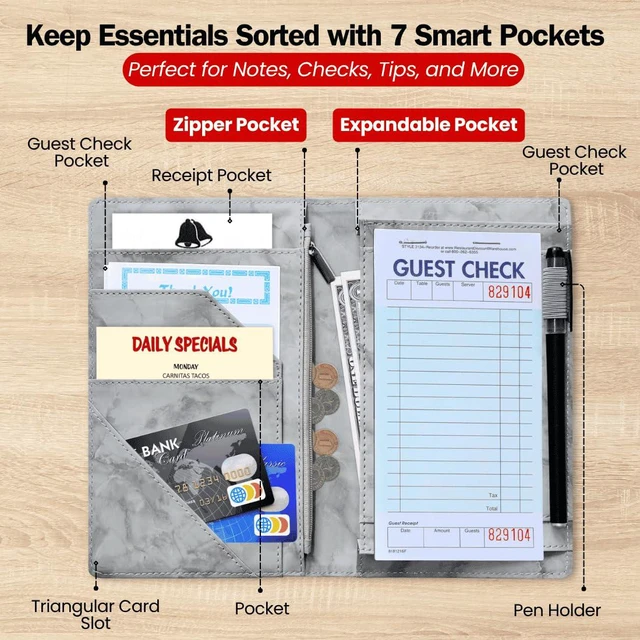 Alt view image 4 of 7 - 5x8 Server Book, 7 Pocket Zipper Organizer, Fits Apron, Marble Grey Reinforced PU Leather, Rigid Writing Surface, Spill-Resistant, Easy Clean, Fits 3.5x6.75 Checks, for Restaurants Cafes Bars