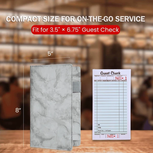 Alt view image 5 of 7 - 5x8 Server Book, 7 Pocket Zipper Organizer, Fits Apron, Marble Grey Reinforced PU Leather, Rigid Writing Surface, Spill-Resistant, Easy Clean, Fits 3.5x6.75 Checks, for Restaurants Cafes Bars