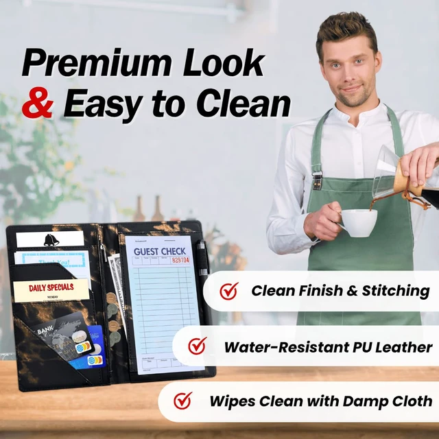 Alt view image 3 of 7 - 5x8 Server Book, 7 Pocket Zipper Organizer, Fits Apron, Marble Black Reinforced PU Leather, Rigid Writing Surface, Spill-Resistant, Easy Clean, Fits 3.5x6.75 Checks, for Restaurants Cafes Bars