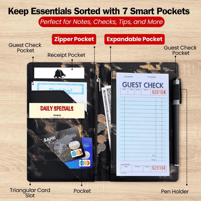 Alt view image 4 of 7 - 5x8 Server Book, 7 Pocket Zipper Organizer, Fits Apron, Marble Black Reinforced PU Leather, Rigid Writing Surface, Spill-Resistant, Easy Clean, Fits 3.5x6.75 Checks, for Restaurants Cafes Bars