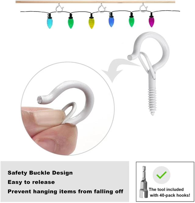 Alt view image 2 of 7 - 40 Pack Screw Hooks for Hanging Plants Outdoor Lights(White) Christmas Seasonal Lighting, Heavy Duty 2.2 Inch Eye Hook Cup Ceiling Hook Q-Hanger for Patio, Wall Wood Ceiling Deck Mount