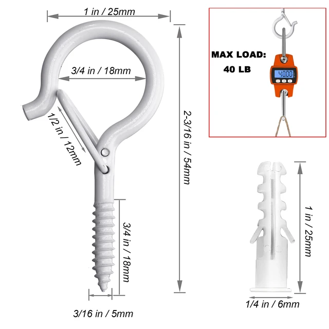 Alt view image 6 of 7 - 30 Pack Screw Hooks for Hanging Plants Outdoor Lights(White) Christmas Seasonal Lighting, Heavy Duty 2.2 Inch Eye Hook Cup Ceiling Hook Q-Hanger for Patio, Wall Wood Ceiling Deck Mount