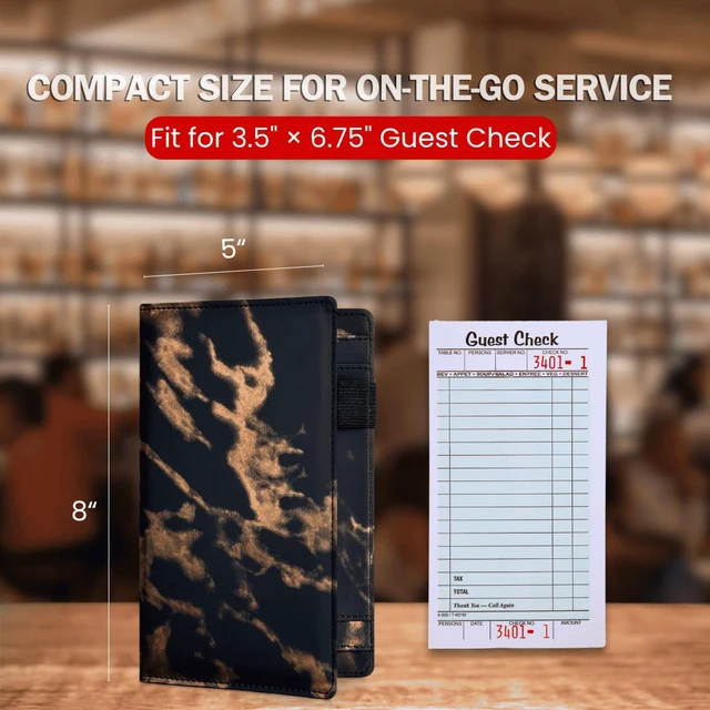 Alt view image 5 of 7 - 5x8 Server Book, 7 Pocket Zipper Organizer, Fits Apron, Marble Black Reinforced PU Leather, Rigid Writing Surface, Spill-Resistant, Easy Clean, Fits 3.5x6.75 Checks, for Restaurants Cafes Bars