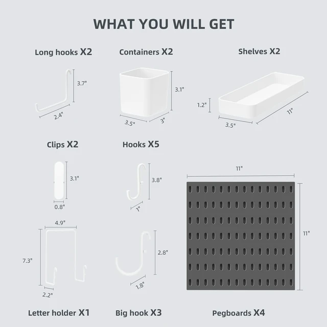 Alt view image 3 of 7 - Pegboard Combination Wall Organizer Kit 22" x 22", Black 4 Pieces Pegboards and 17 Accessories, Wall Mount Display Peg board Panel Kits for Bedroom, Home, Office, Bathroom