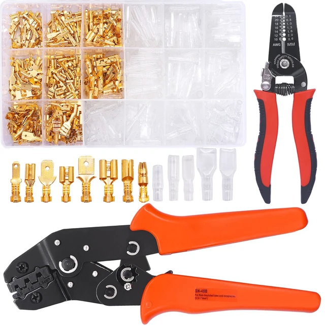 Main image of /640Pcs 2.8/4.8/6.3mm Quick Splice Male and Female Wire Spade Connector Crimp Terminal Golden Kit with Wire Terminal Crimping Pliers Tools 26-16AMG for Electrical Wiring Car Audio Speaker