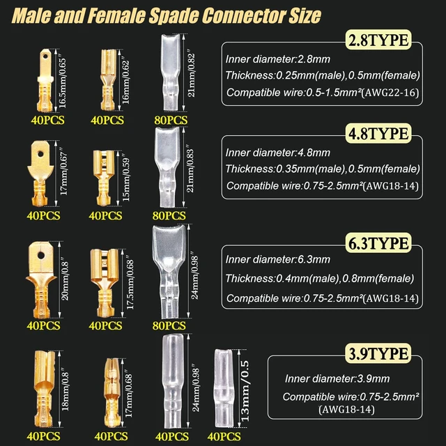 Alt view image 2 of 7 - /640Pcs 2.8/4.8/6.3mm Quick Splice Male and Female Wire Spade Connector Crimp Terminal Golden Kit with Wire Terminal Crimping Pliers Tools 26-16AMG for Electrical Wiring Car Audio Speaker