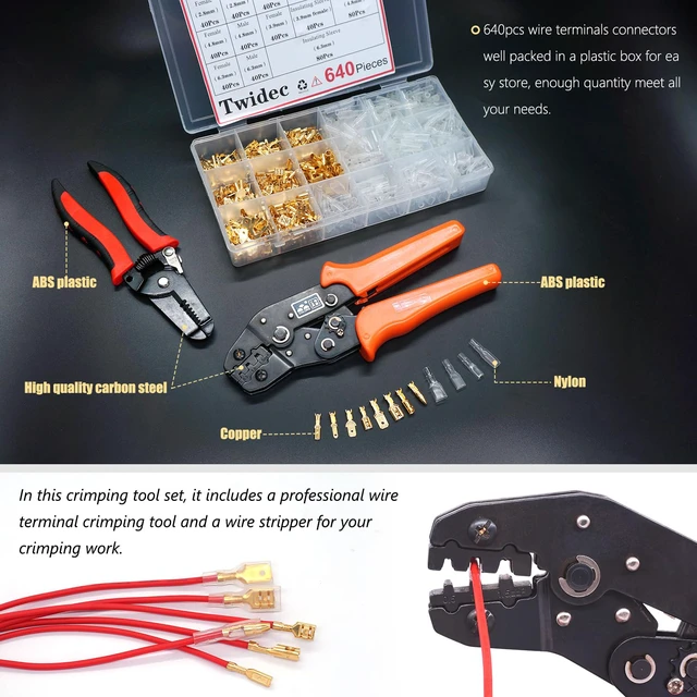 Alt view image 4 of 7 - /640Pcs 2.8/4.8/6.3mm Quick Splice Male and Female Wire Spade Connector Crimp Terminal Golden Kit with Wire Terminal Crimping Pliers Tools 26-16AMG for Electrical Wiring Car Audio Speaker