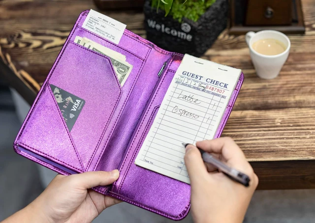 Alt view image 2 of 7 - 4.7 X 9 Metallic Purple Server Book with Zipper Pocket Bling Waitress Book with Money Pocket and Magnetic Closure, Restaurant Waitstaff Organizer Fit Server Apron with High Volume Pocket