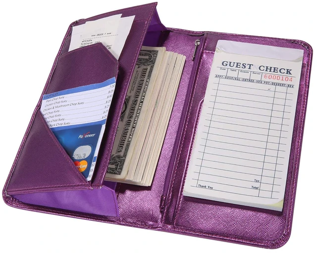 Alt view image 3 of 7 - 4.7 X 9 Metallic Purple Server Book with Zipper Pocket Bling Waitress Book with Money Pocket and Magnetic Closure, Restaurant Waitstaff Organizer Fit Server Apron with High Volume Pocket