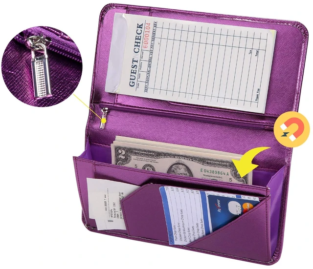 Alt view image 4 of 7 - 4.7 X 9 Metallic Purple Server Book with Zipper Pocket Bling Waitress Book with Money Pocket and Magnetic Closure, Restaurant Waitstaff Organizer Fit Server Apron with High Volume Pocket