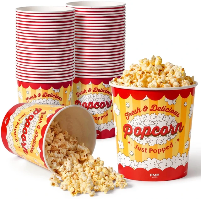 Main image of 25 Pack Large Popcorn Buckets Disposable, 130 Oz Yellow and Red Paper Popcorn Containers Tubs for Home and Theater Movie Night