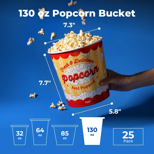 Alt view image 2 of 7 - 25 Pack Large Popcorn Buckets Disposable, 130 Oz Yellow and Red Paper Popcorn Containers Tubs for Home and Theater Movie Night
