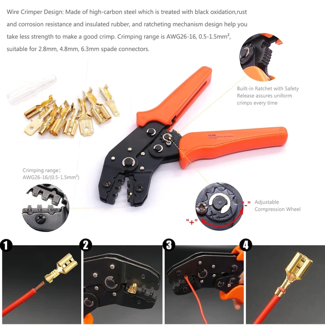 Alt view image 6 of 7 - /640Pcs 2.8/4.8/6.3mm Quick Splice Male and Female Wire Spade Connector Crimp Terminal Golden Kit with Wire Terminal Crimping Pliers Tools 26-16AMG for Electrical Wiring Car Audio Speaker