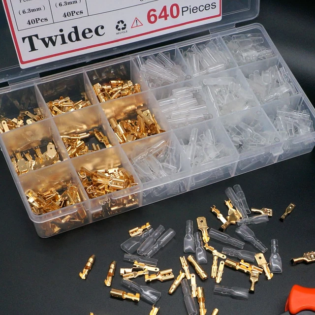 Alt view image 7 of 7 - /640Pcs 2.8/4.8/6.3mm Quick Splice Male and Female Wire Spade Connector Crimp Terminal Golden Kit with Wire Terminal Crimping Pliers Tools 26-16AMG for Electrical Wiring Car Audio Speaker