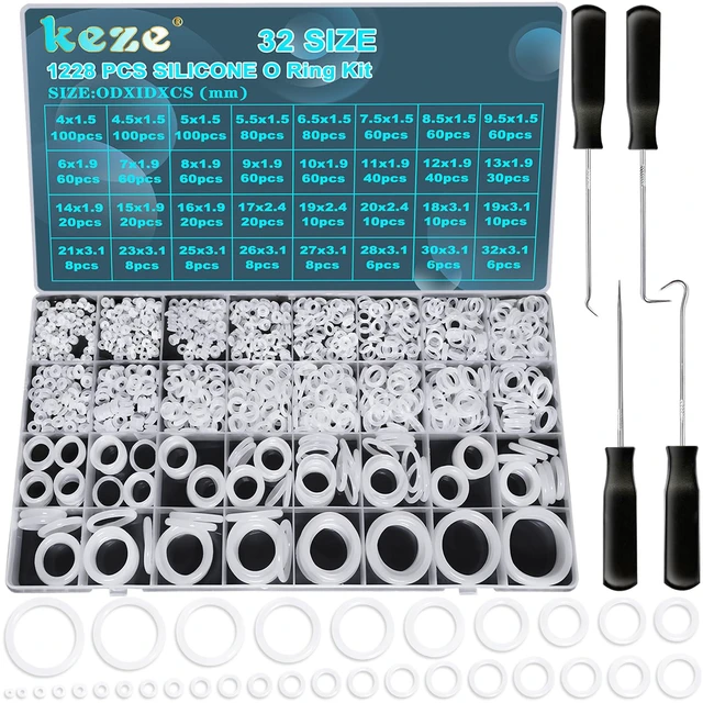 Main image of 1228 Pcs 32 Size Clear Food Grade Silicone O Rings Assortment Kit with Pick and Hook,White Heat Resistance VMQ Seal O Ring Set Metric OD:4-32mm