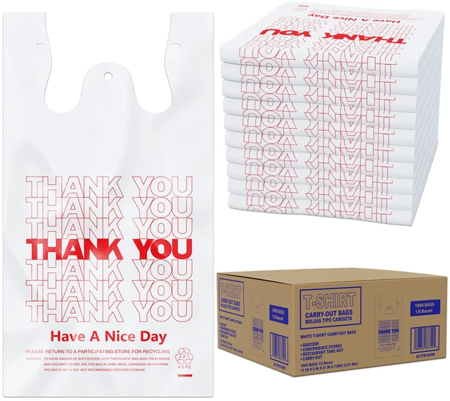 Main image of Thank You T-Shirt Bags (1000 Count), Plastic - T-Shirt Plastic Bags in Bulk - (11" x 6" x 21") White/Thank You - Bulk Shopping Bags, Restaurant Bag - 1/6 Barrel