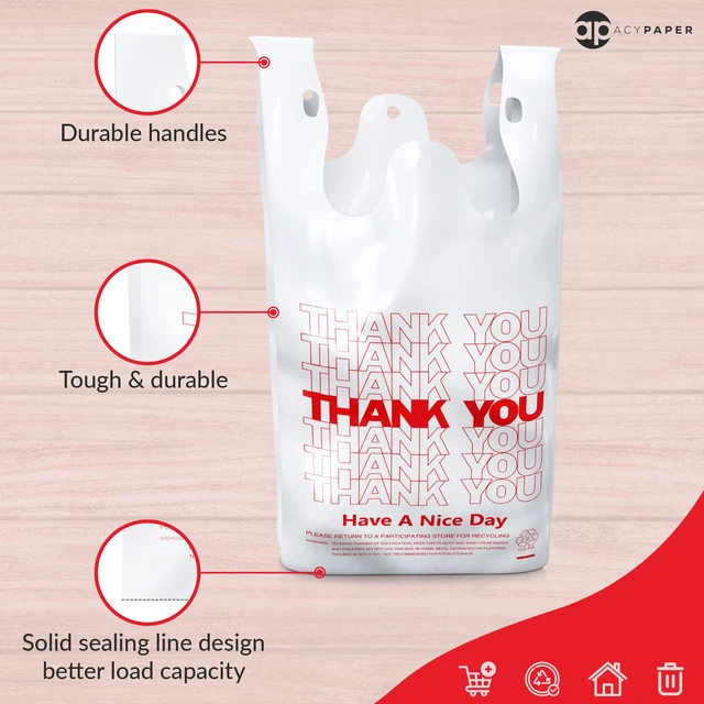 Alt view image 2 of 5 - Thank You T-Shirt Bags (1000 Count), Plastic - T-Shirt Plastic Bags in Bulk - (11" x 6" x 21") White/Thank You - Bulk Shopping Bags, Restaurant Bag - 1/6 Barrel