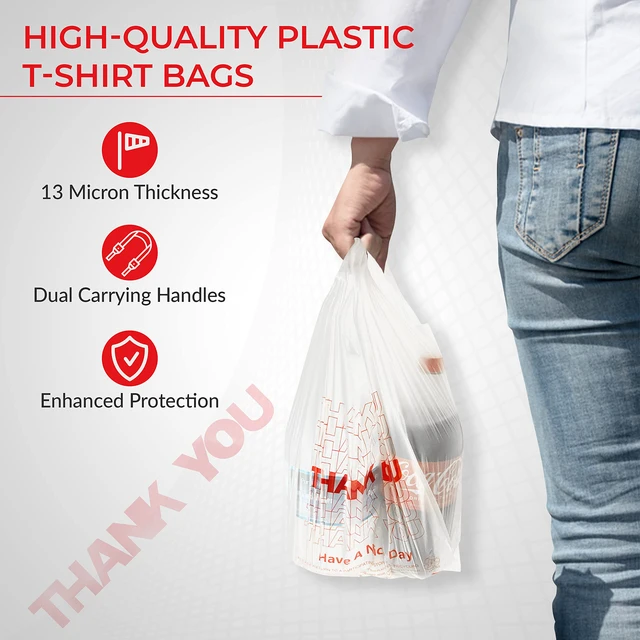 Alt view image 3 of 5 - Thank You T-Shirt Bags (1000 Count), Plastic - T-Shirt Plastic Bags in Bulk - (11" x 6" x 21") White/Thank You - Bulk Shopping Bags, Restaurant Bag - 1/6 Barrel