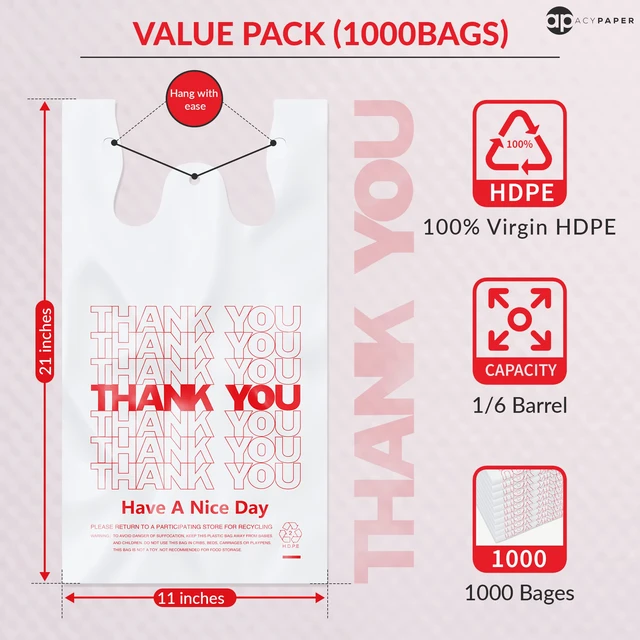 Alt view image 4 of 5 - Thank You T-Shirt Bags (1000 Count), Plastic - T-Shirt Plastic Bags in Bulk - (11" x 6" x 21") White/Thank You - Bulk Shopping Bags, Restaurant Bag - 1/6 Barrel