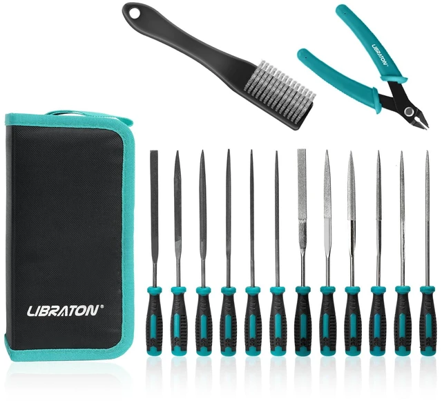 Main image of Needle File Set, Diamond Needle File Set, 14PCS Small File Set 6 Diamond Files & 6 Carbon Steel Files with Wire Cutter, Steel Brush, Carry Bag, Jeweler File Tools for Soft Metal,Wood,Model