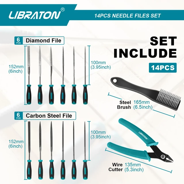 Alt view image 3 of 7 - Needle File Set, Diamond Needle File Set, 14PCS Small File Set 6 Diamond Files & 6 Carbon Steel Files with Wire Cutter, Steel Brush, Carry Bag, Jeweler File Tools for Soft Metal,Wood,Model