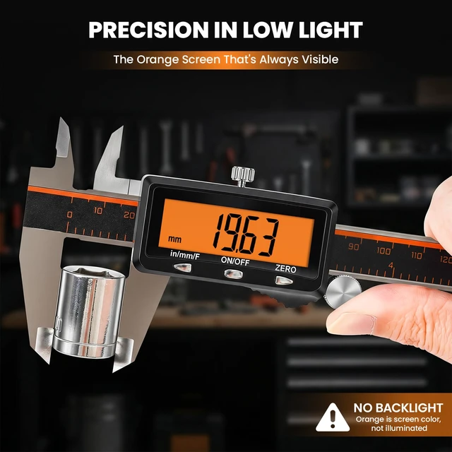 Alt view image 3 of 7 - Digital Caliper 8" USB-C Charging Orange Display, Non-Backlit High-Contrast Screen, Stainless Caliper, USB-C Rechargeable, Inch/mm/Fraction, Auto-Off. For Woodworking, DIY, Home Use