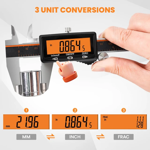 Alt view image 4 of 7 - Digital Caliper 8" USB-C Charging Orange Display, Non-Backlit High-Contrast Screen, Stainless Caliper, USB-C Rechargeable, Inch/mm/Fraction, Auto-Off. For Woodworking, DIY, Home Use