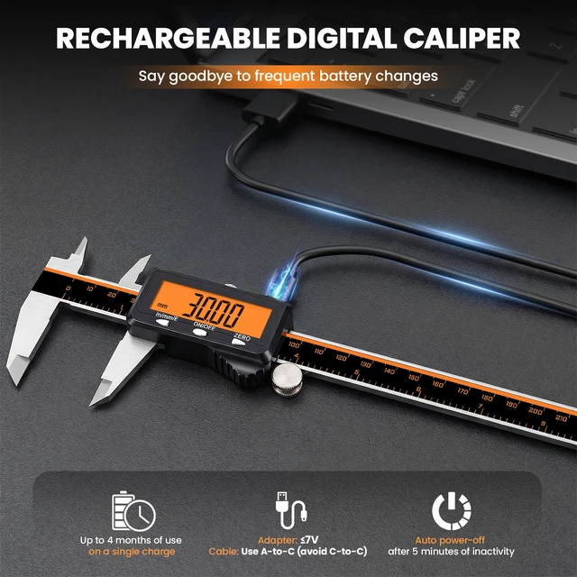 Alt view image 2 of 7 - Digital Caliper 8" USB-C Charging Orange Display, Non-Backlit High-Contrast Screen, Stainless Caliper, USB-C Rechargeable, Inch/mm/Fraction, Auto-Off. For Woodworking, DIY, Home Use