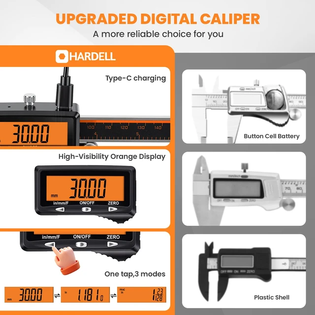 Alt view image 6 of 7 - Digital Caliper 8" USB-C Charging Orange Display, Non-Backlit High-Contrast Screen, Stainless Caliper, USB-C Rechargeable, Inch/mm/Fraction, Auto-Off. For Woodworking, DIY, Home Use