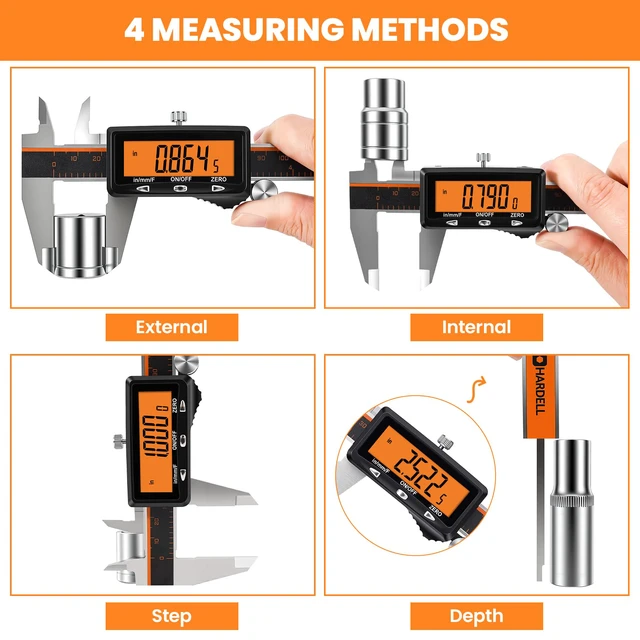 Alt view image 7 of 7 - Digital Caliper 8" USB-C Charging Orange Display, Non-Backlit High-Contrast Screen, Stainless Caliper, USB-C Rechargeable, Inch/mm/Fraction, Auto-Off. For Woodworking, DIY, Home Use