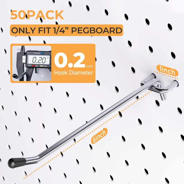 Alt view image 2 of 7 - 50 Pack 6 Inch Pegboard Hooks with Rubber Tipped, 1/4" Heavy Duty Peg Board Hooks Accessories,Peg Board Tool Hangers Fit 1/4" Pegboard, For Hanging Tools Garage, Craft Room, Kitchen, Store