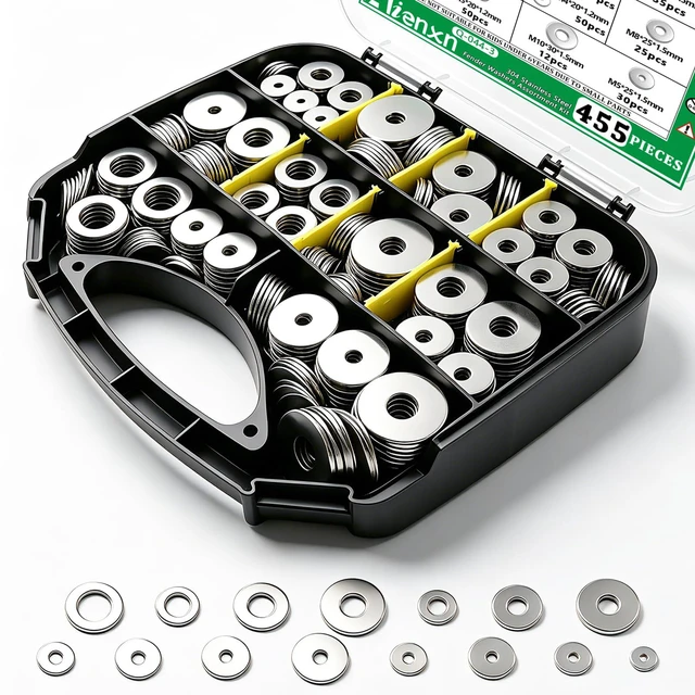 Main image of 455PCS 304 Stainless Steel Fender Washer Kit, Washers for Bolts 15 Metric Sizes Fender Washers for Screws -M3, M4, M5, M6, M8, M10, M12 for Home & Industrial Usage