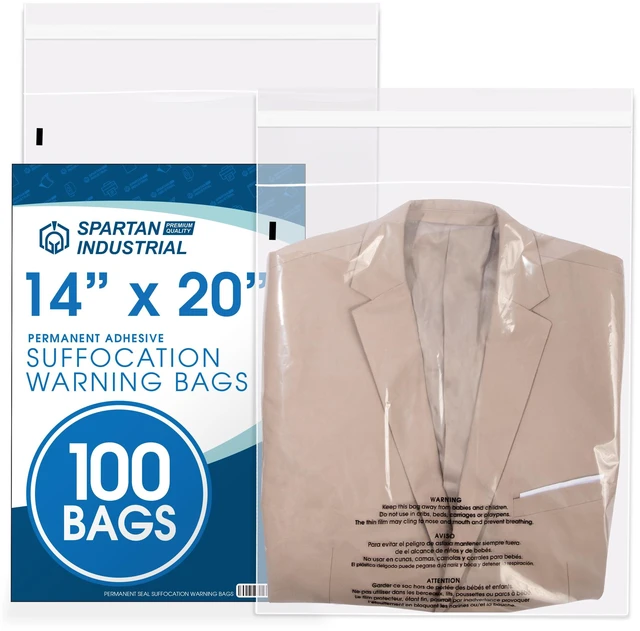 Main image of 14 X 20 (100 Count) Self Seal Clear Poly Bags with Suffocation Warning for Packaging, Clothes & Shipping - Permanent Adhesive